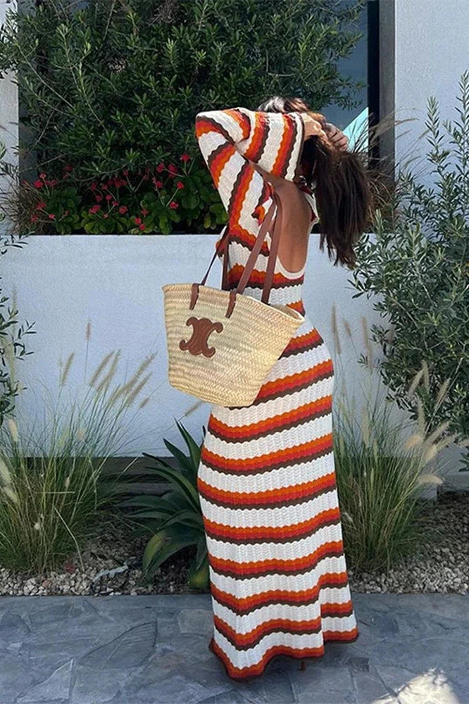 Glorol - Hollow Out Striped Long Sleeve Loose Maxi Dress