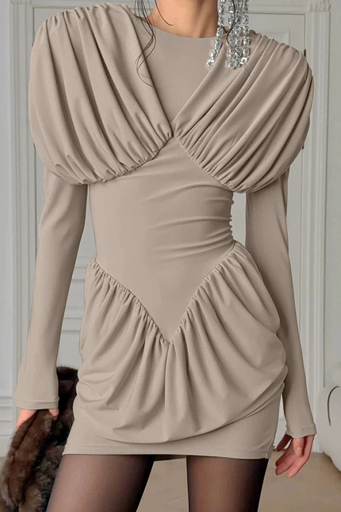 Glorol - O-Neck High Waist Pleated Mini Dress