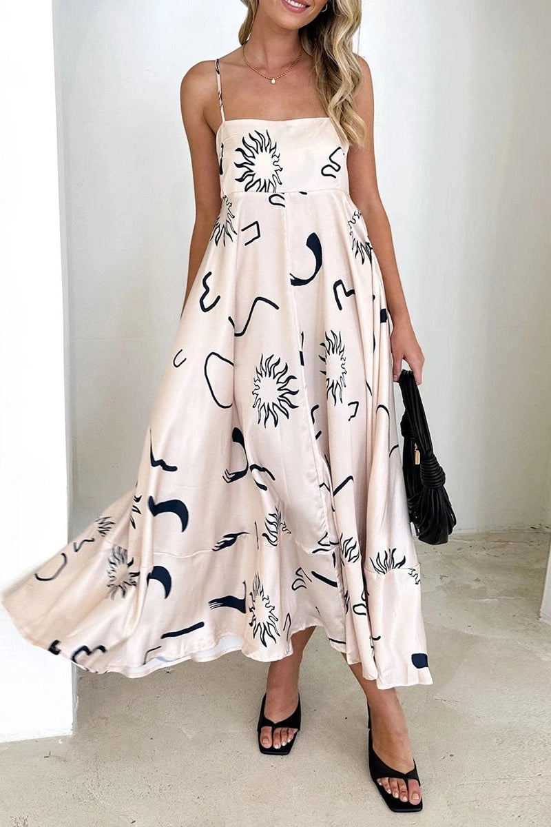Glorol - Printed Spaghetti Strap Backless A-Line Maxi Dress