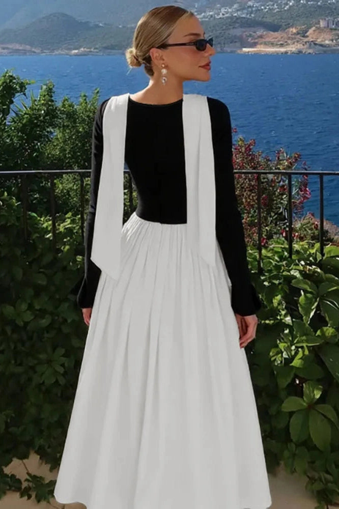Glorol - Patchwork Long Sleeve O Neck Pleated Maxi Dress