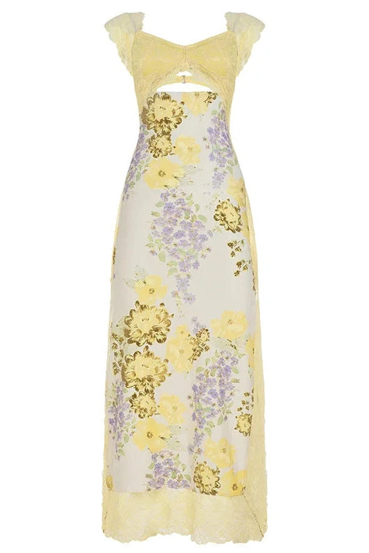 Glorol - Printed Split Lace Sleeveless Backless Irregular Maxi Dress