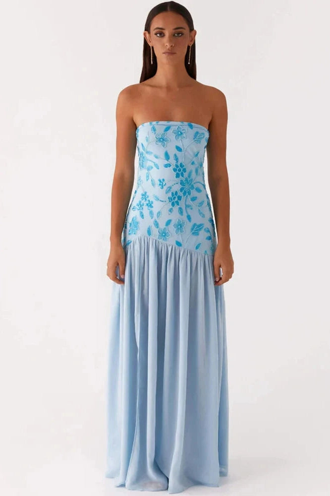 Glorol - Off-Shoulder Split Print Strapless Backless Pleated Maxi Dress
