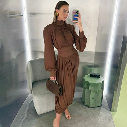 Glorol - Elegant Half High Neck High Waisted Patchwork Maxi Dress