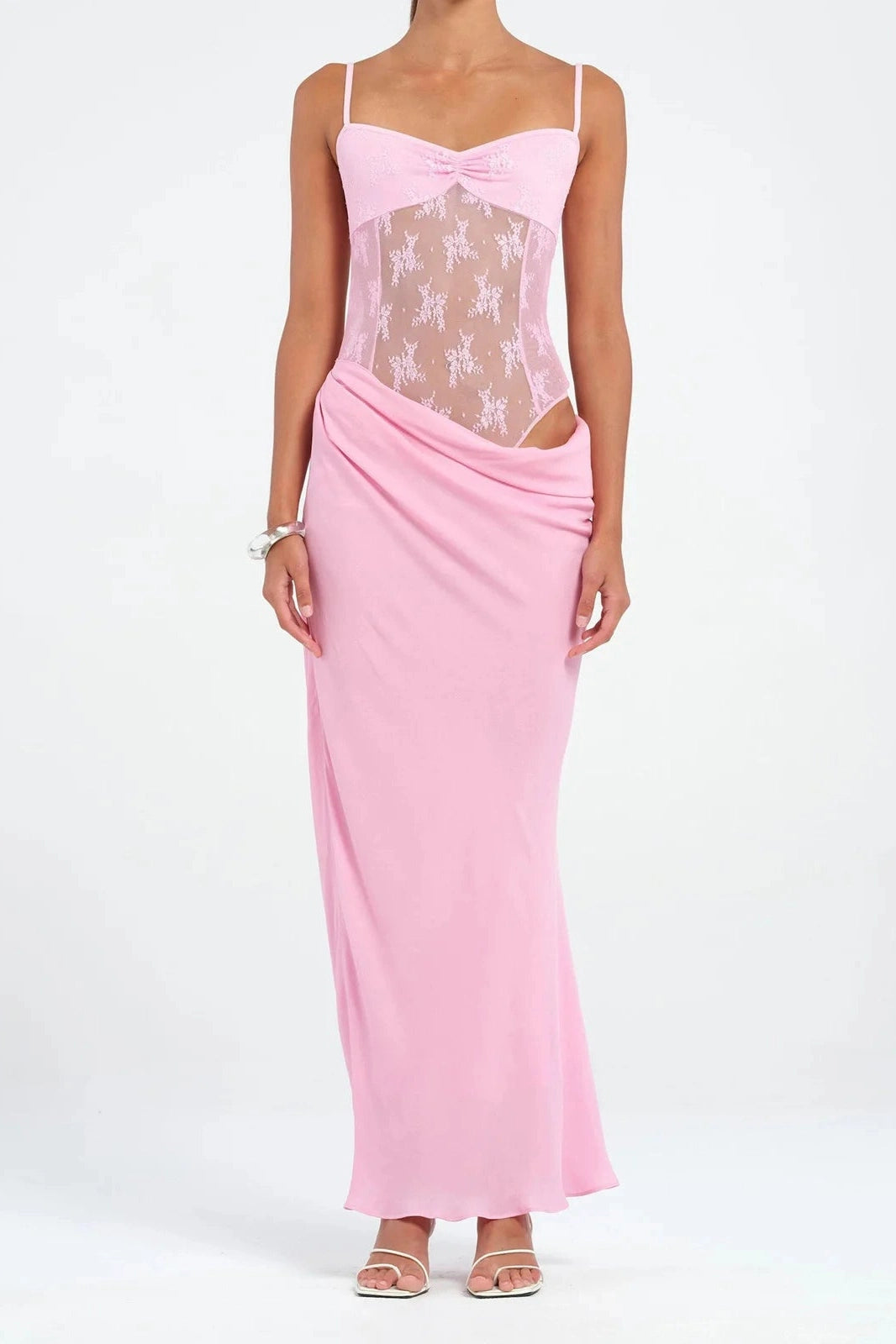 Glorol - Patchwork Lace Slim Spaghetti Strap Backless Maxi Dress