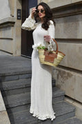 Glorol - Elegant Pleated Knit Lace-Up Long Sleeve Loose Maxi Dress