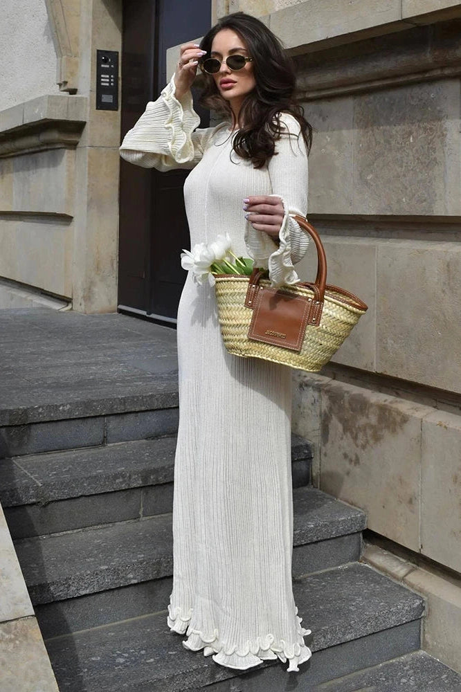 Glorol - Elegant Pleated Knit Lace-Up Long Sleeve Loose Maxi Dress