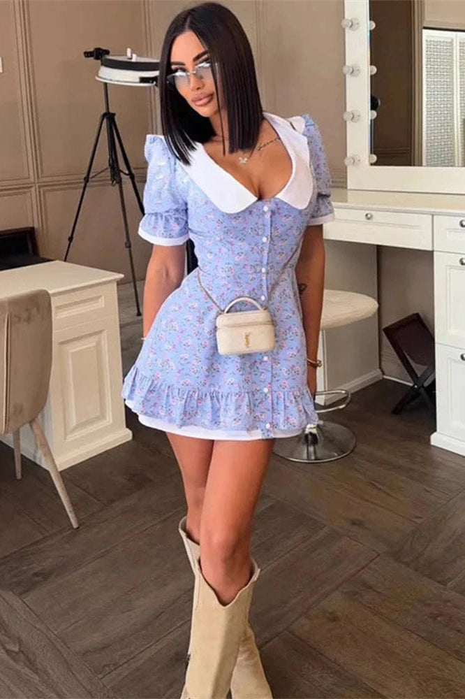 Glorol - Printed Slim Short Sleeve Bodycon Mini Dress