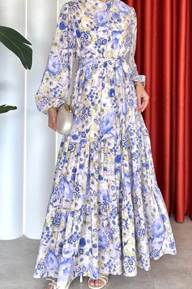 Glorol - Printed Pleated Long Sleeve High Waist Button A-Line Maxi Dress