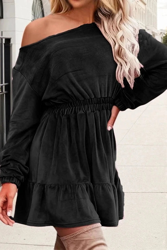 Glorol - Slash Collar High Waist A-Line Long Sleeve Mini Dress