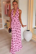 Notiglo - Elegant Printed Pleated Backless Sleeveless Maxi Dress