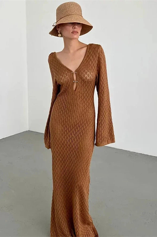 Glorol - See-Through V-Neck Backless Maxi Dress