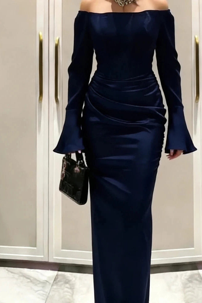 Glorol - Elegant Off-Shoulder High Waist Pleated Maxi Dress