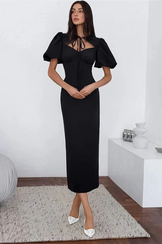 Glorol - Lace-Up Slim Short Sleeve High Waist Patchwork Midi Dress