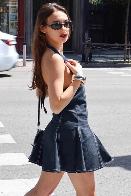 Glorol - Elegant Pleated Sleeveless Backless Slim Mini Dress