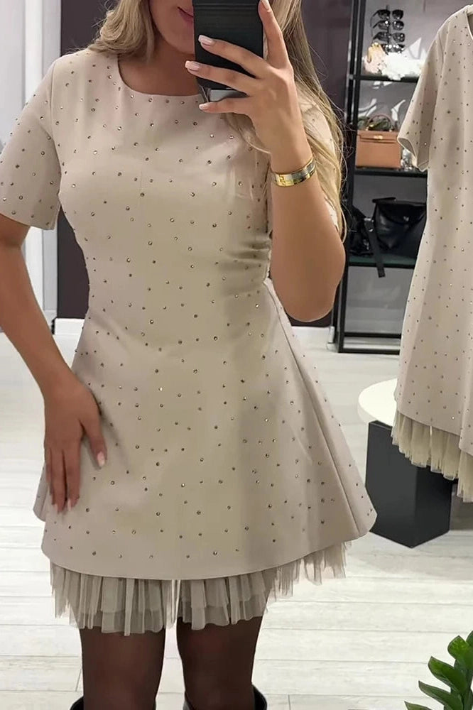 Glorol - Elegant O-Neck High Waist A-Line Short Sleeve Pleat Mini Dress