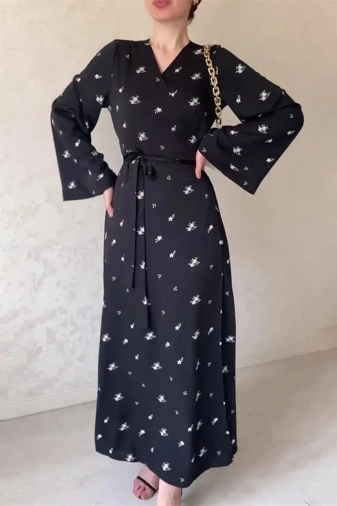 Glorol - Printed V-Neck Patchwork High Waist Lace-Up Maxi Dress