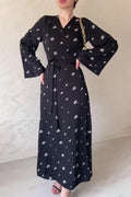 Glorol - Printed V-Neck Patchwork High Waist Lace-Up Maxi Dress