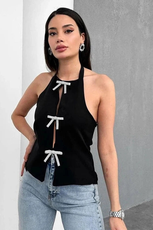 Glorol - Lace-Up Sleeveless Strapless Slim Top