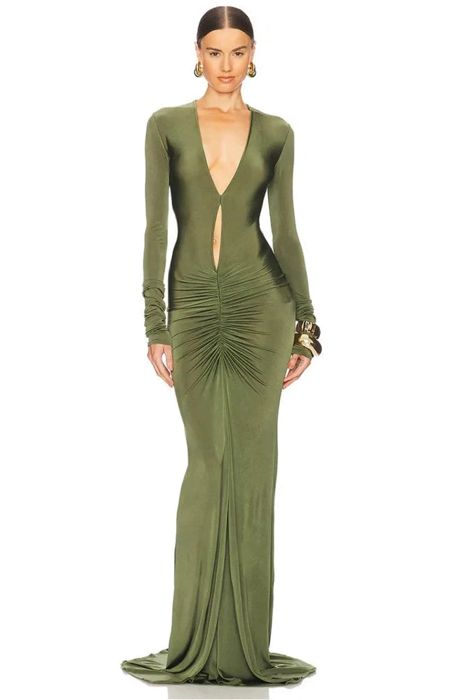 Glorol - Hollow Out Long Sleeve Deep V Neck Bodycon Maxi Dress