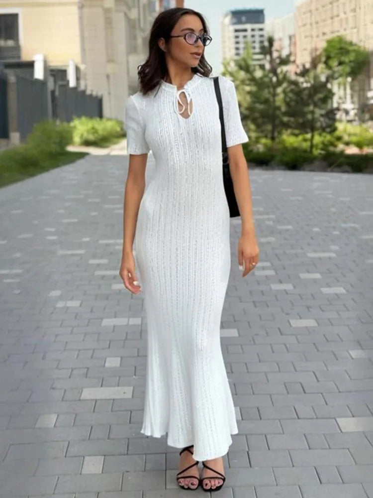 Glorol - Knitted Short Sleeve Slim High Waist Maxi Dress