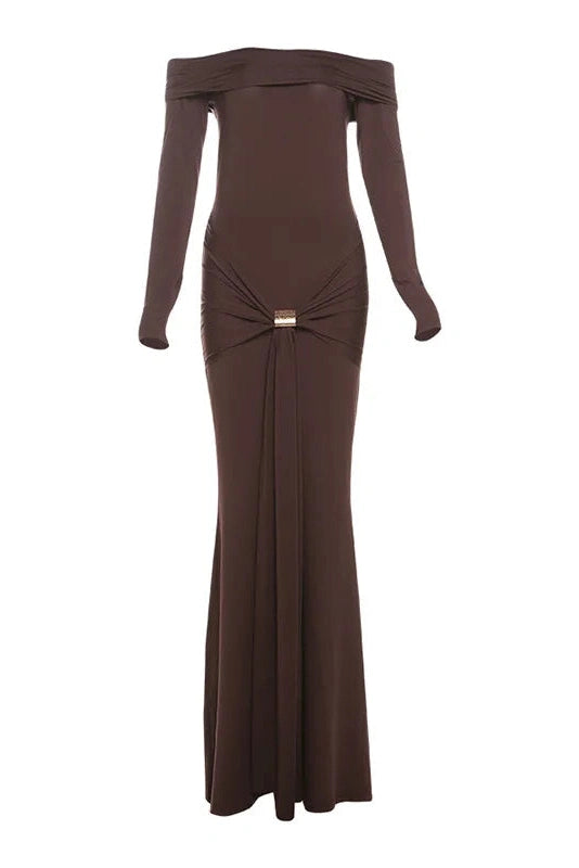 Glorol - Off-shoulder Strapless Long Sleeve Backless Maxi Dress