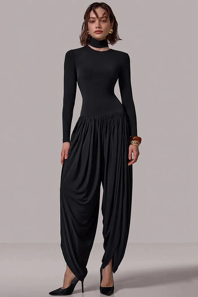 Glorol - Long Sleeve Patchwork High Waist Jumpsuit