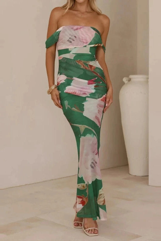 Glorol - Sleeveless High Waist Slash Collar Printed Maxi Dress