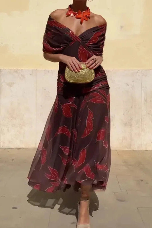 Glorol - Printed Shawl Sleeve High Waist Pleated V-Neck Off Shoulder Maxi Dress