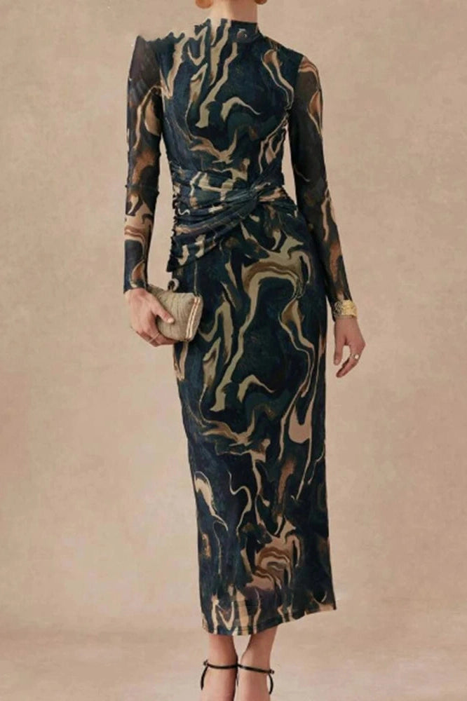 Glorol - Printed Slim O-Neck Long Sleeve High Waist Maxi Dress