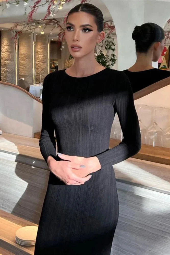 Glorol - Long Sleeve High Waist Patchwork Slim Maxi Dress