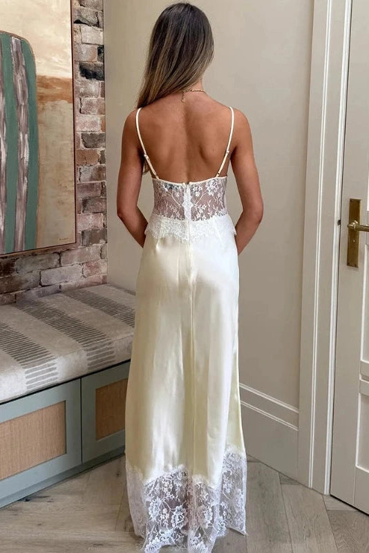 Glorol - Hollow-Out Lace Deep V-Neck Backless Slim Straps Maxi Dress