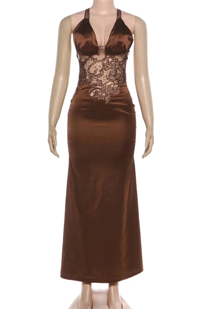 Glorol - Deep V Neck Backless Lace See Through Bodycon Maxi Dress