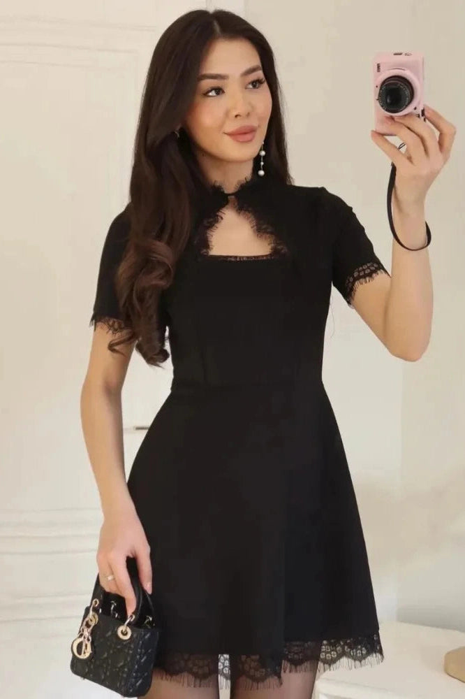 Glorol - Lace Hollow Out Patchwork Short Sleeve Printed Mini Dress