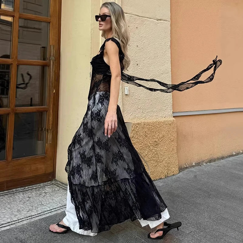 Glorol - Lace See Through Slit Slim Maxi Dress