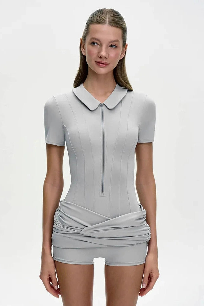 Glorol - Polo Collar Zip Bodycon Jumpsuit