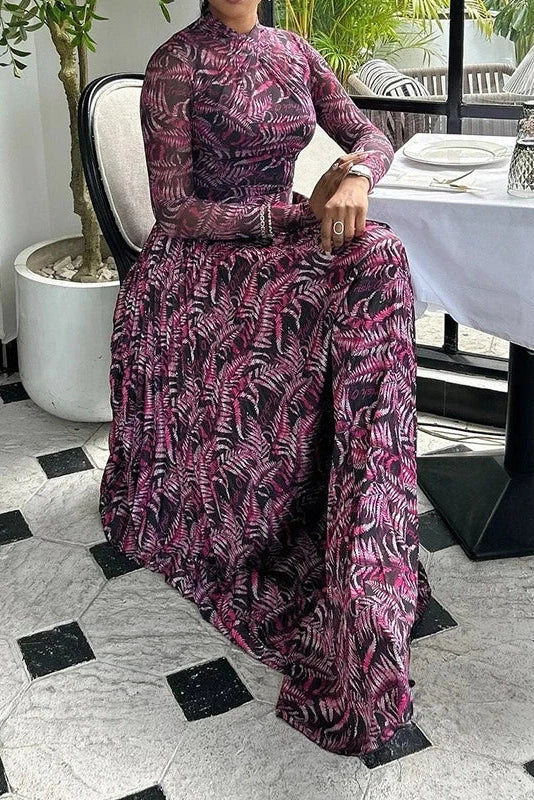 Long Sleeve Printed Slim Pleated High Waist Maxi Dress