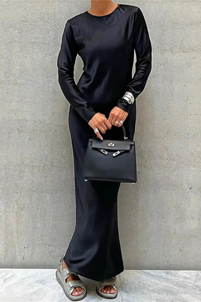 Glorol - Hollow Out High Waist Slim Long Sleeve Zipper Maxi Dress