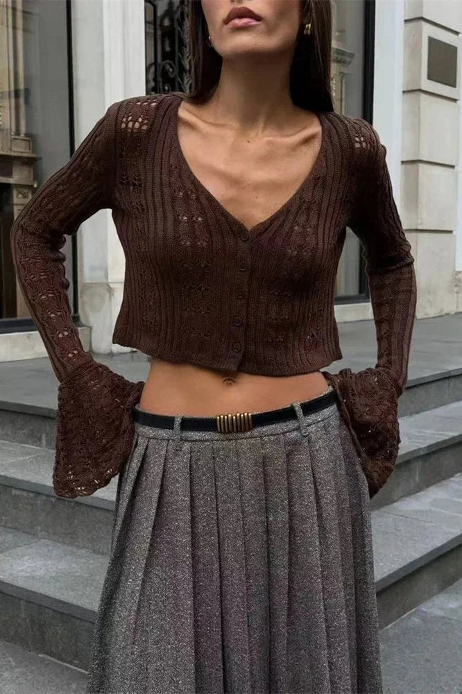 Glorol - Hollow Out V-Neck Long Sleeve Patchwork Top