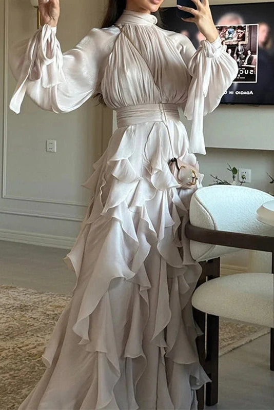 Glorol - Elegant Pleated High Collar Long Sleeve High Waist Maxi Dress