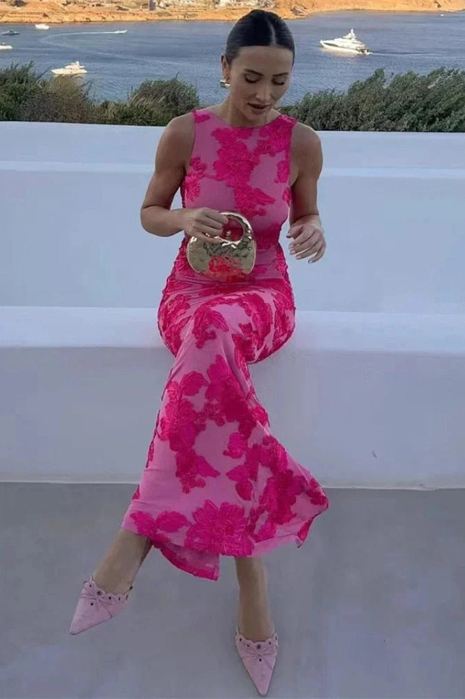 Glorol - Printed Patchwork Sleeveless Slim Maxi Dress