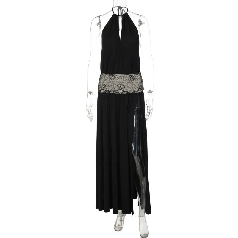 Glorol - Patchwork Hollow Out Lace Up Maxi Dress