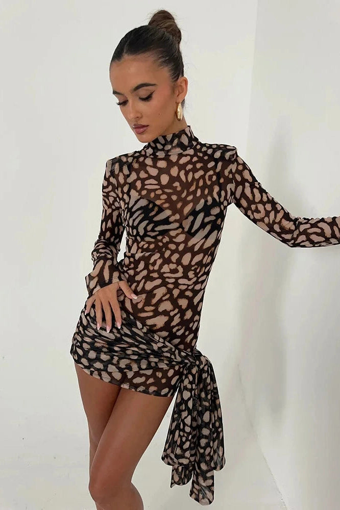 Glorol - Leopard Print Turtleneck High Waist Mini Dress
