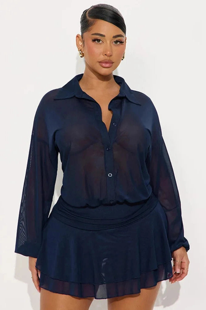 Glorol - See Through Long Sleeve Single-Breasted Mini Dress