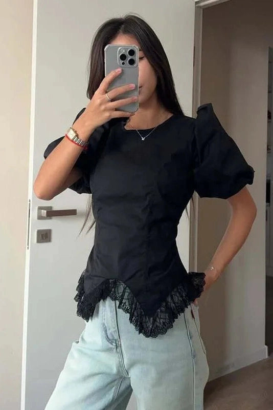 Glorol - Lace-Up Short Sleeve Patchwork Slim Top