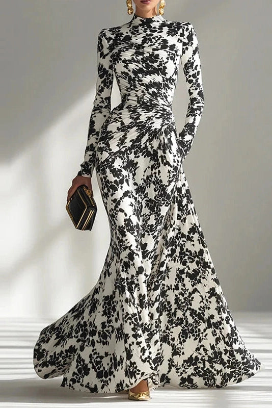 Glorol - Long Sleeve Slim Pleated High Waist Printed Maxi Dress