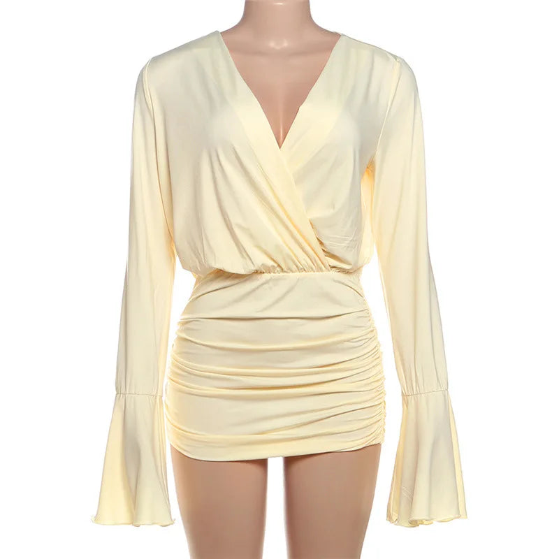 Glorol - High Waisted V-Neck Pleated Long Sleeved Mini Dress