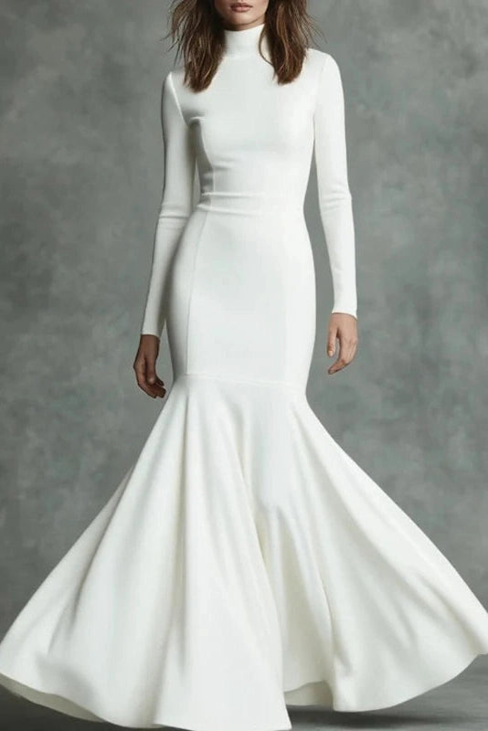 Glorol - Elegant Slim High Waist Turtleneck Long Sleeve Maxi Dress
