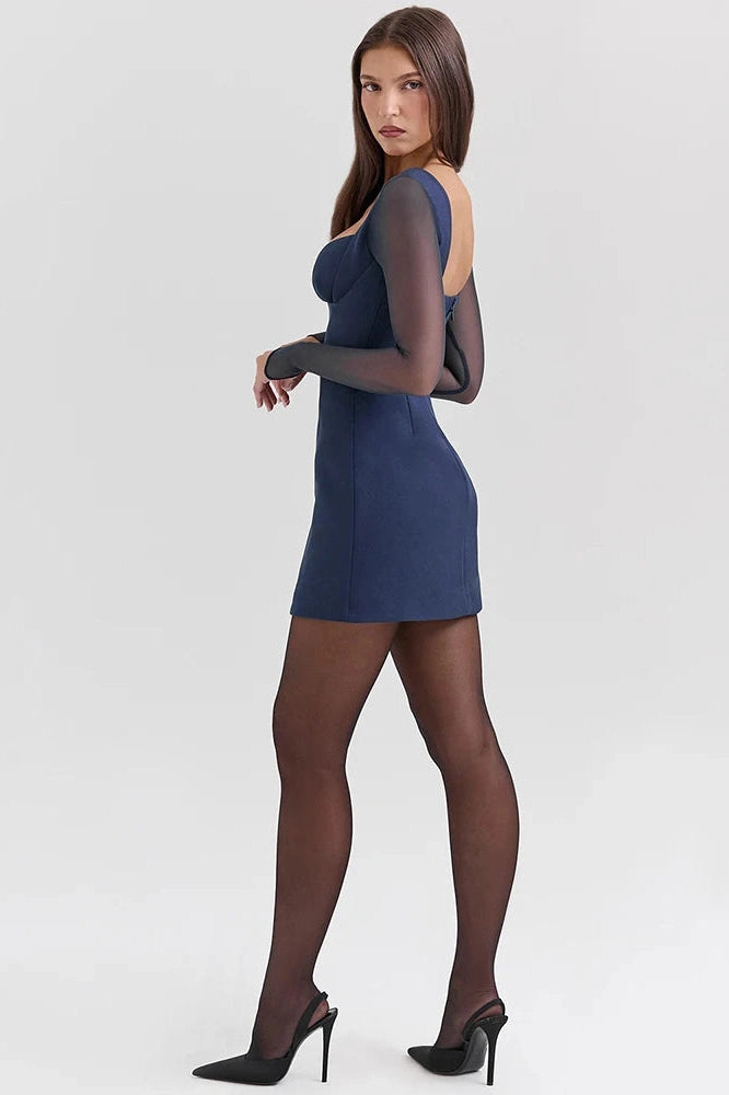 Glorol - Plunge Neck Long Sleeve Backless Mini Dress