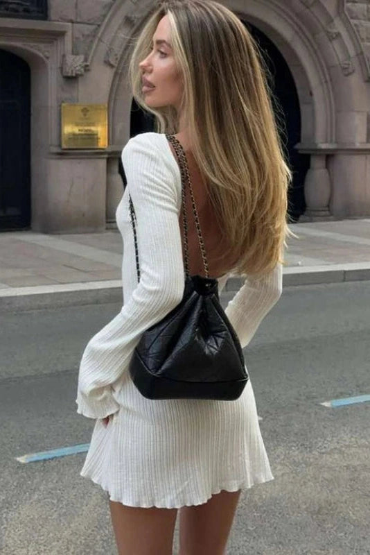 Glorol - Elegant Backless Round Neck High Waist Long Sleeve Mini Dress