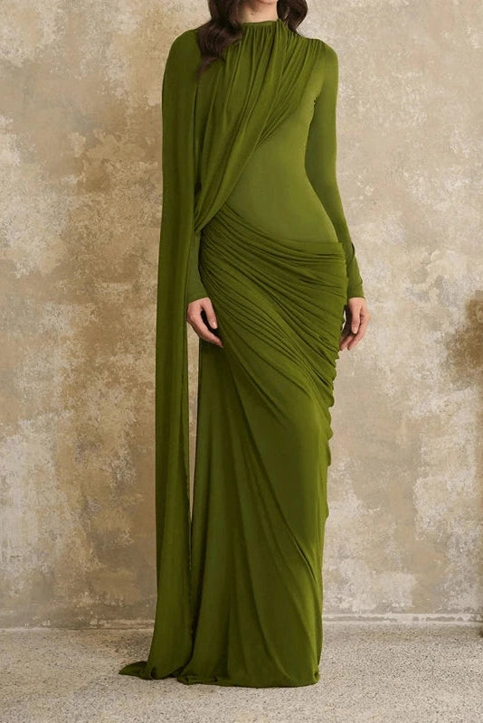 Glorol - Long Sleeve High Waist Slim Pleated Maxi Dress